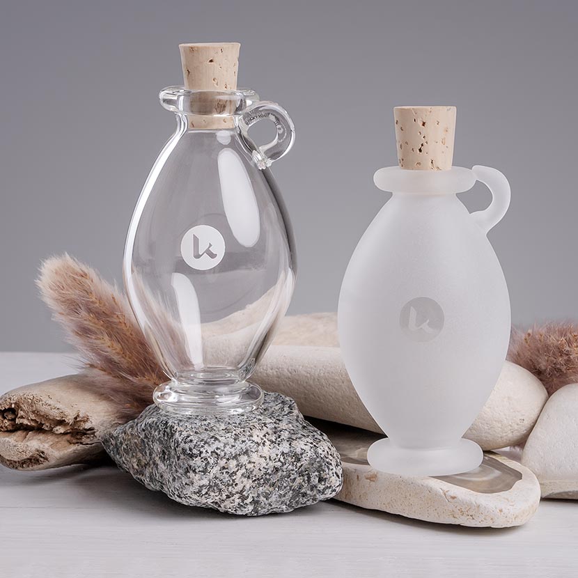 Glass amphorae-style hand blown bottles